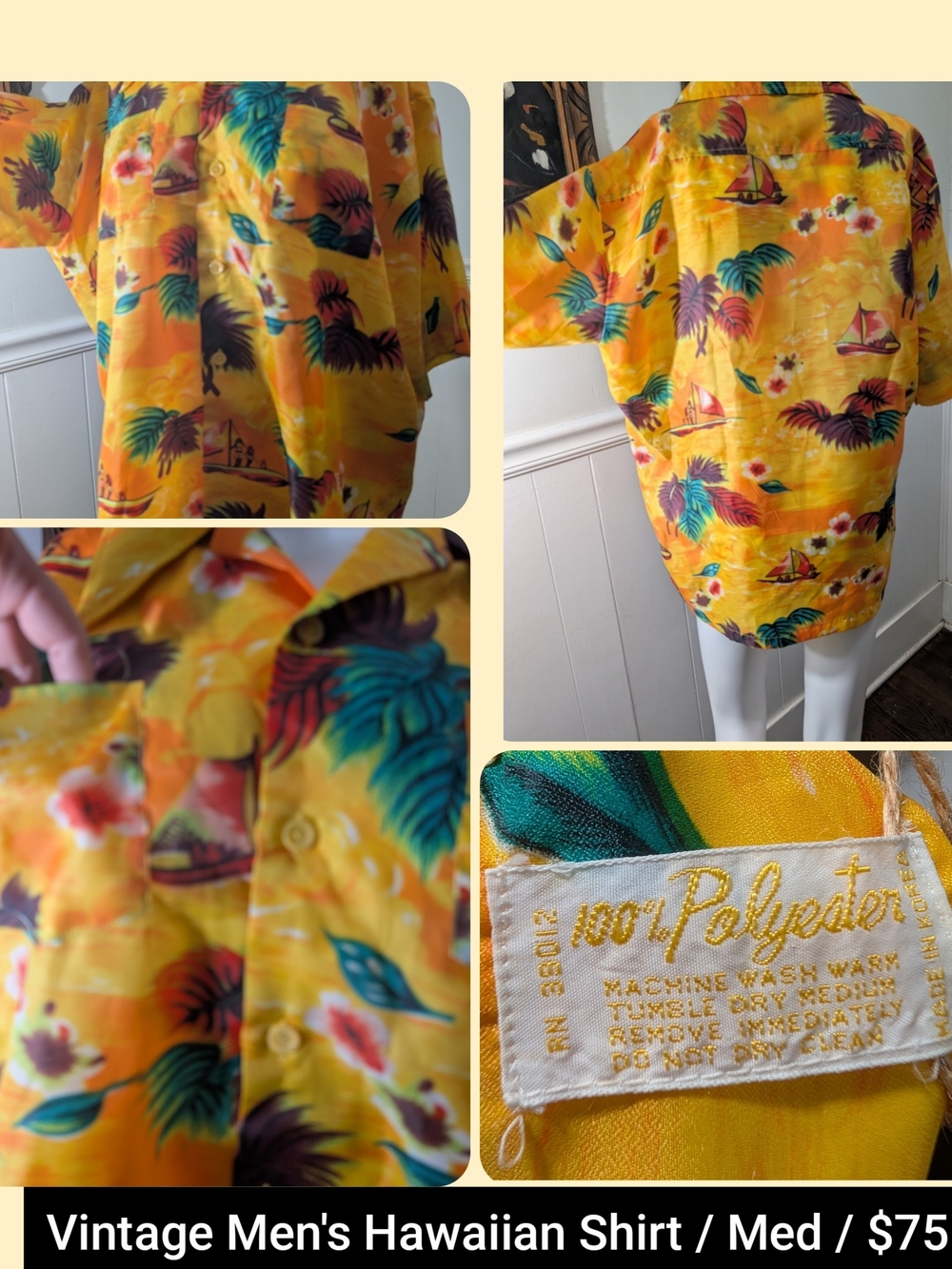 Vintage Men’s Bright Yellow Tropical Print Shirt